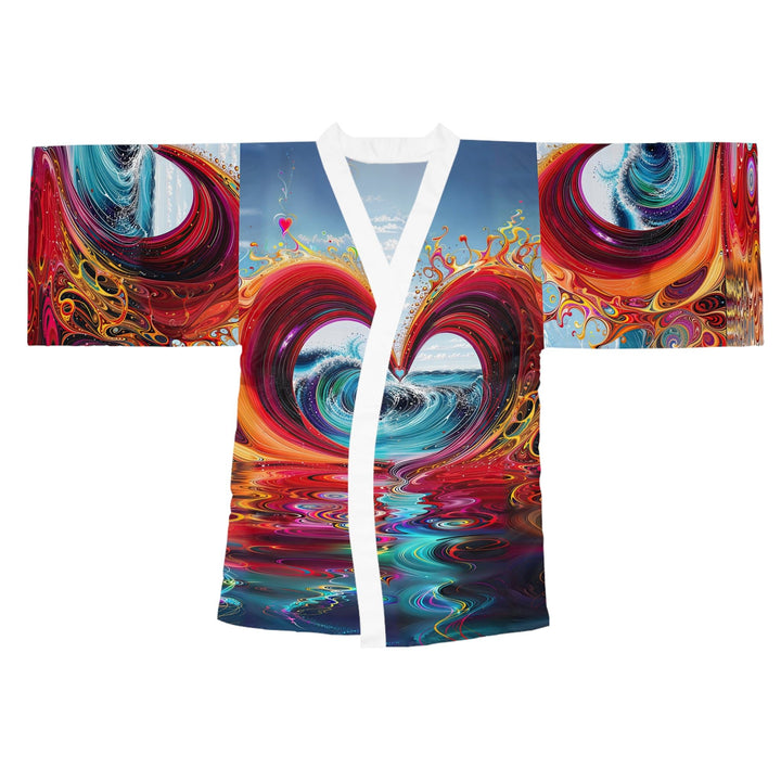 Vibrant Heart Waves - Long Sleeve Kimono Robe - All Over Prints - g(0D·IO) - XS - White -