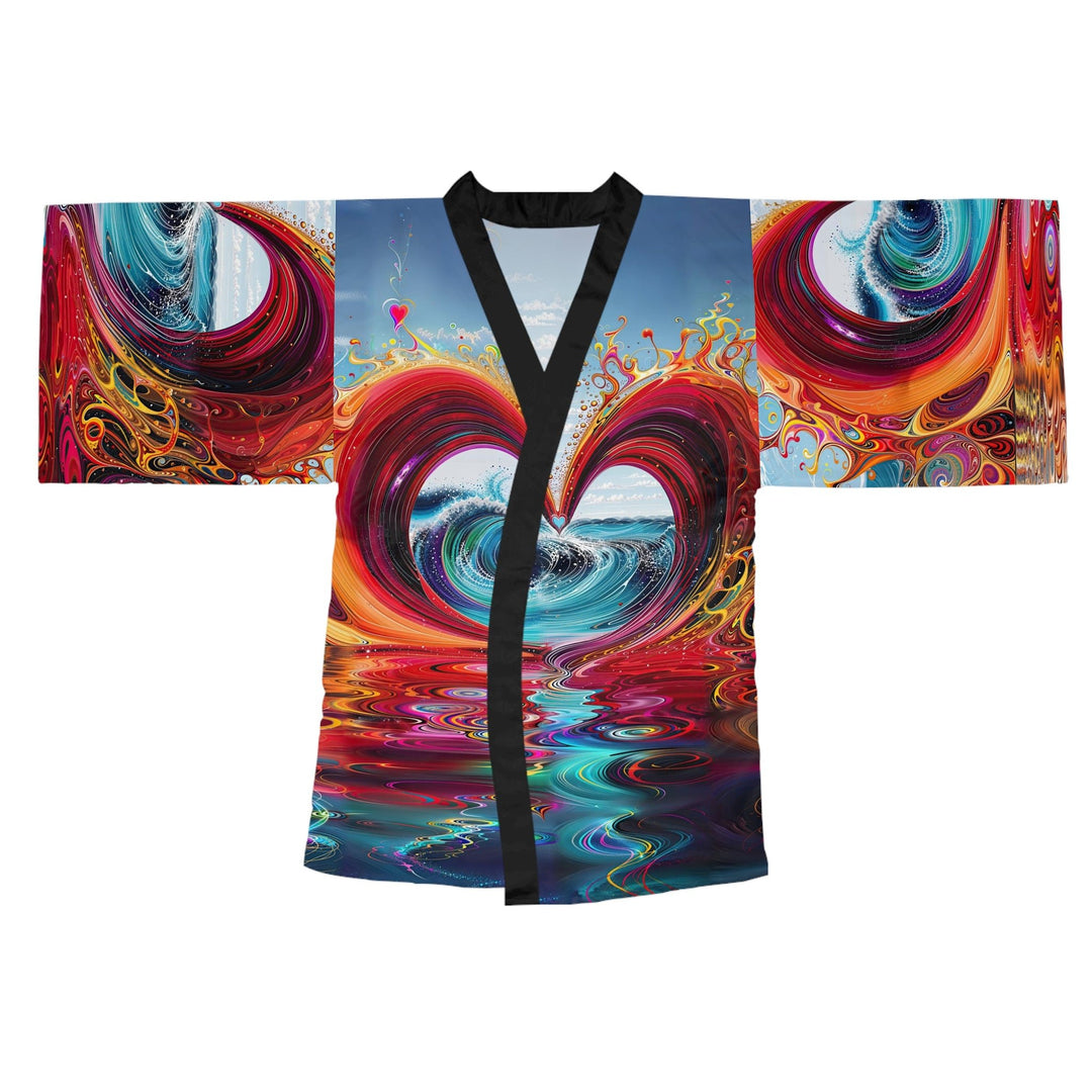 Vibrant Heart Waves - Long Sleeve Kimono Robe - All Over Prints - g(0D·IO) - XS - Black -