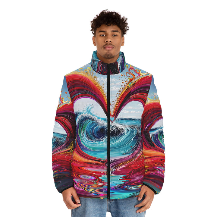 Vibrant Heart Waves - Puffer Jacket - All Over Prints - g(0D·IO) - S - Black zipper -