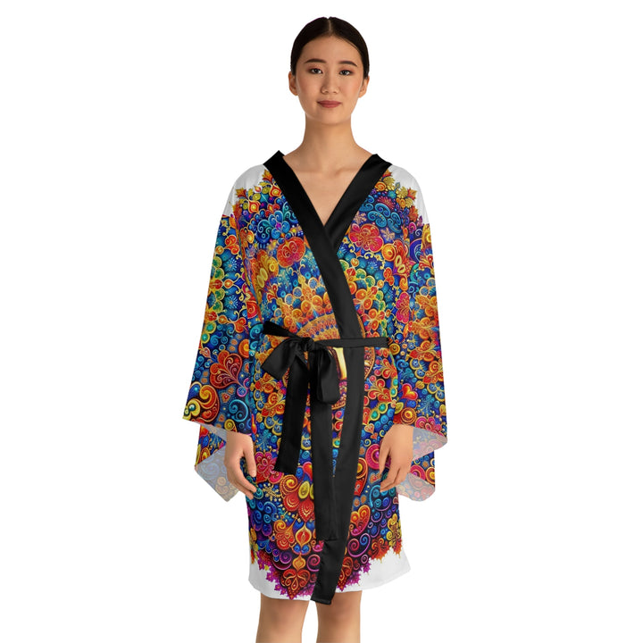 Vibrant Love Mandala - Long Sleeve Kimono Robe - All Over Prints - g(0D·IO) - XS - Black -