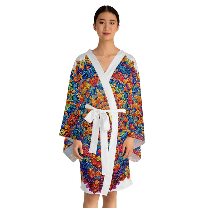 Vibrant Love Mandala - Long Sleeve Kimono Robe - All Over Prints - g(0D·IO) - XS - Black -