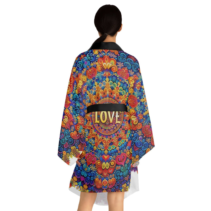 Vibrant Love Mandala - Long Sleeve Kimono Robe - All Over Prints - g(0D·IO) - XS - Black -