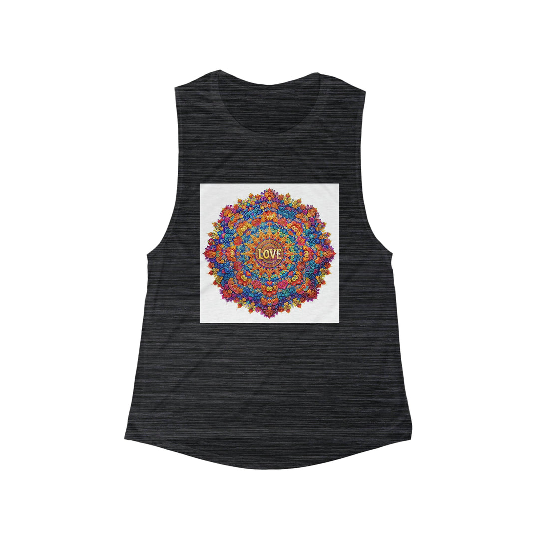 Vibrant Love Mandala - Women's Flowy Scoop Muscle Tank - Tank Top - g(0D·IO) - S - Black Slub -