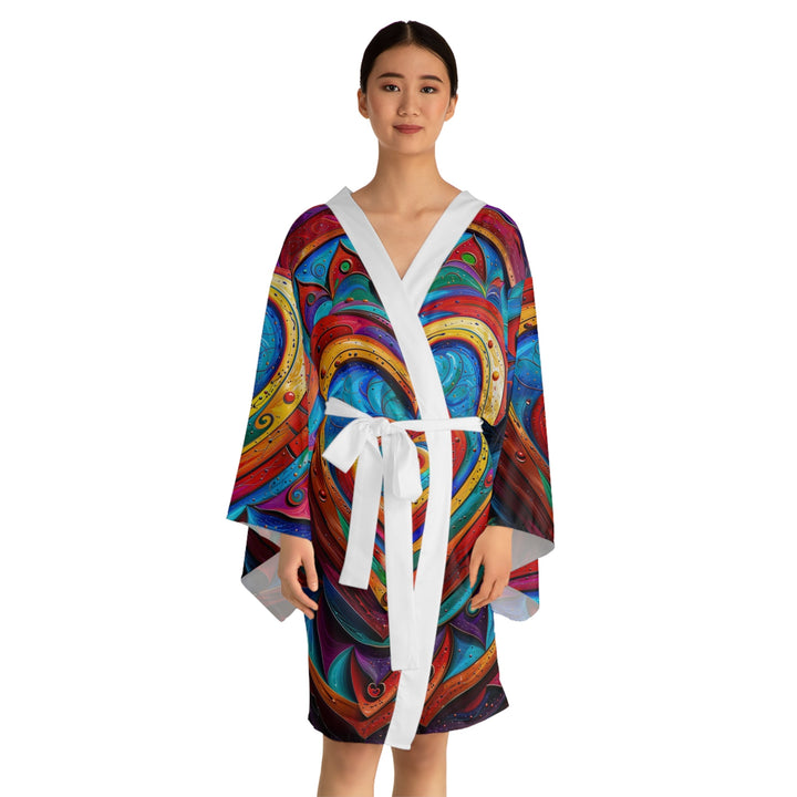 Vibrant Love Spiral - Long Sleeve Kimono Robe - All Over Prints - g(0D·IO) - XS - Black -