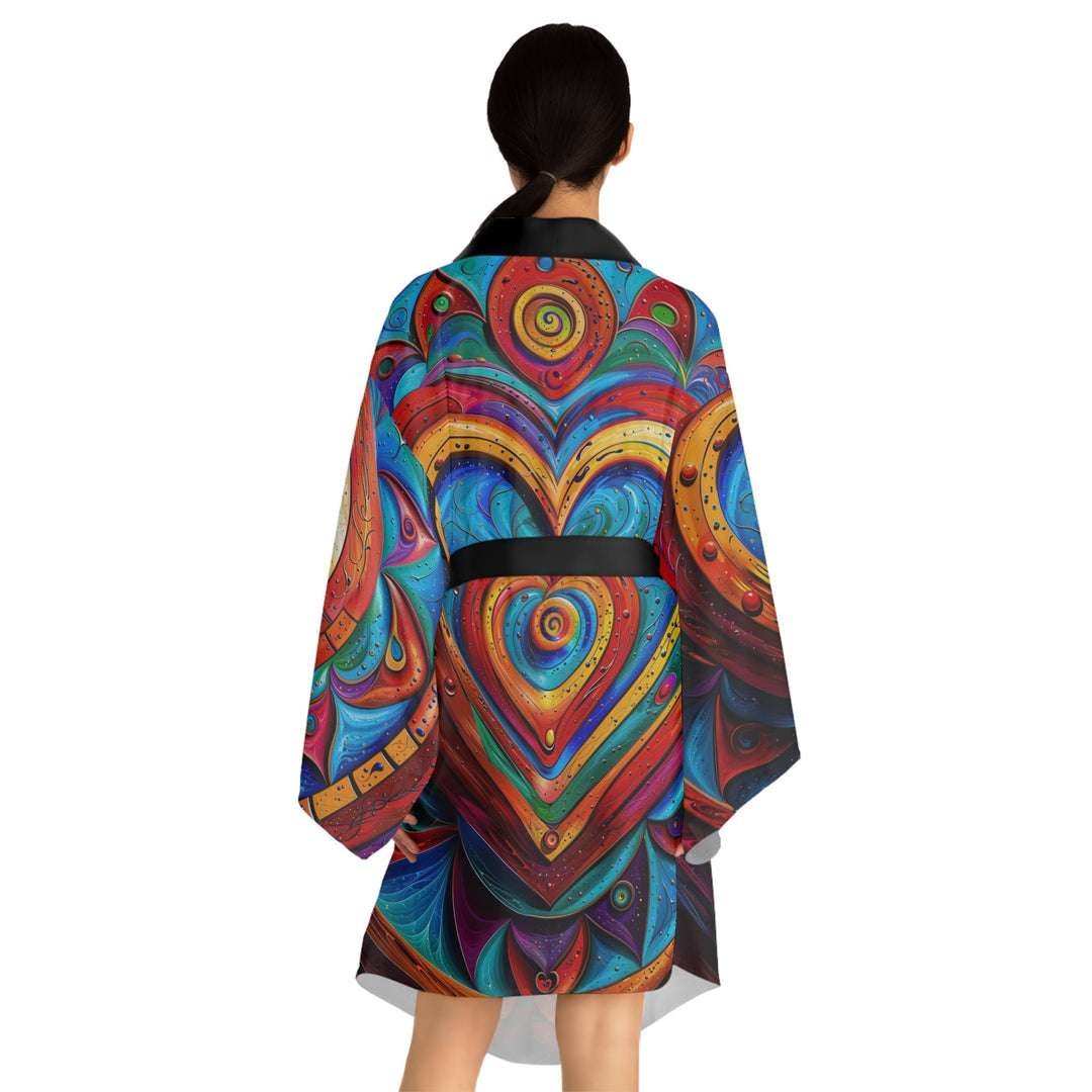 Vibrant Love Spiral - Long Sleeve Kimono Robe - All Over Prints - g(0D·IO) - XS - Black -