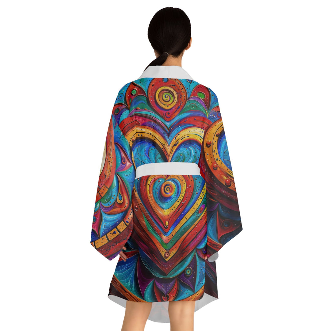 Vibrant Love Spiral - Long Sleeve Kimono Robe - All Over Prints - g(0D·IO) - XS - Black -