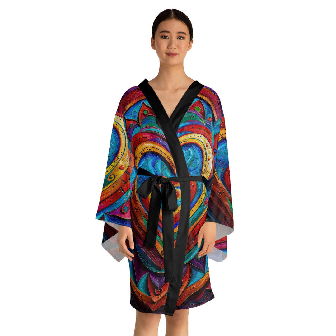 Vibrant Love Spiral - Long Sleeve Kimono Robe - All Over Prints - g(0D·IO) - XS - Black -