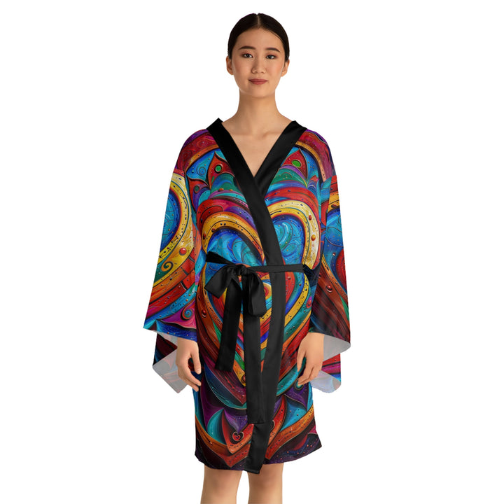 Vibrant Love Spiral - Long Sleeve Kimono Robe - All Over Prints - g(0D·IO) - XS - Black -