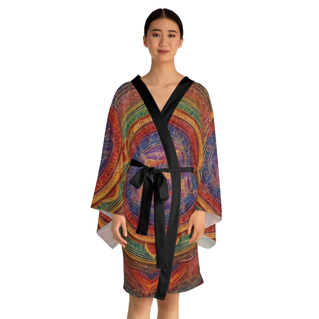 Vibrant Mandala Essence - Long Sleeve Kimono Robe - All Over Prints - g(0D·IO) - XS - Black -