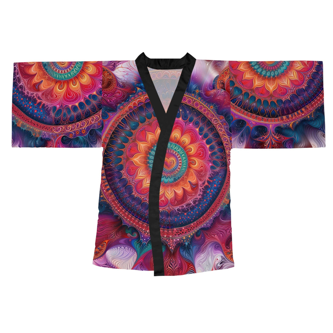 Vibrant Spiral Mandala - Long Sleeve Kimono Robe - All Over Prints - g(0D·IO) - XS - Black -