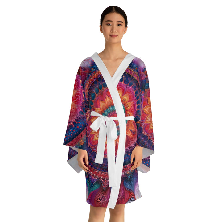 Vibrant Spiral Mandala - Long Sleeve Kimono Robe - All Over Prints - g(0D·IO) - XS - Black -