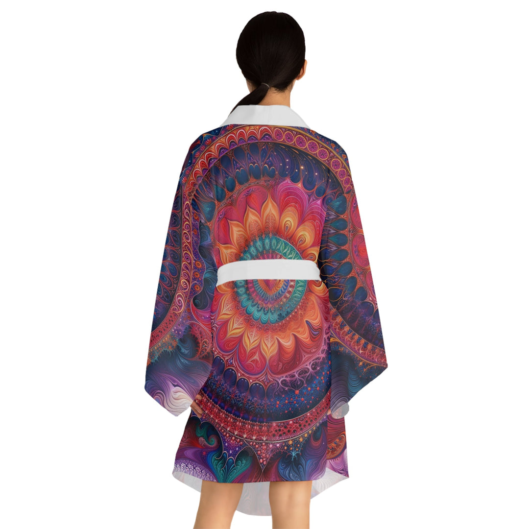 Vibrant Spiral Mandala - Long Sleeve Kimono Robe - All Over Prints - g(0D·IO) - XS - Black -