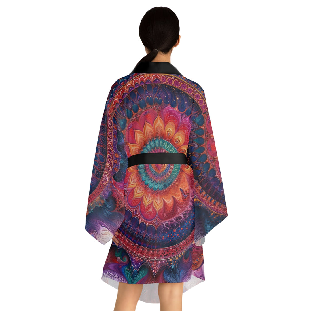 Vibrant Spiral Mandala - Long Sleeve Kimono Robe - All Over Prints - g(0D·IO) - XS - Black -