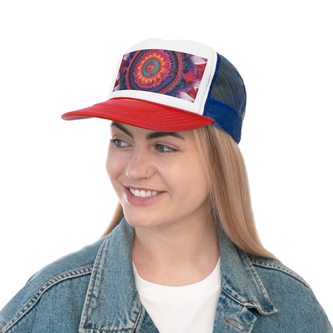 Vibrant Spiral Mandala - Trucker Hat - Hats - g(0D·IO) - Pink - One size -