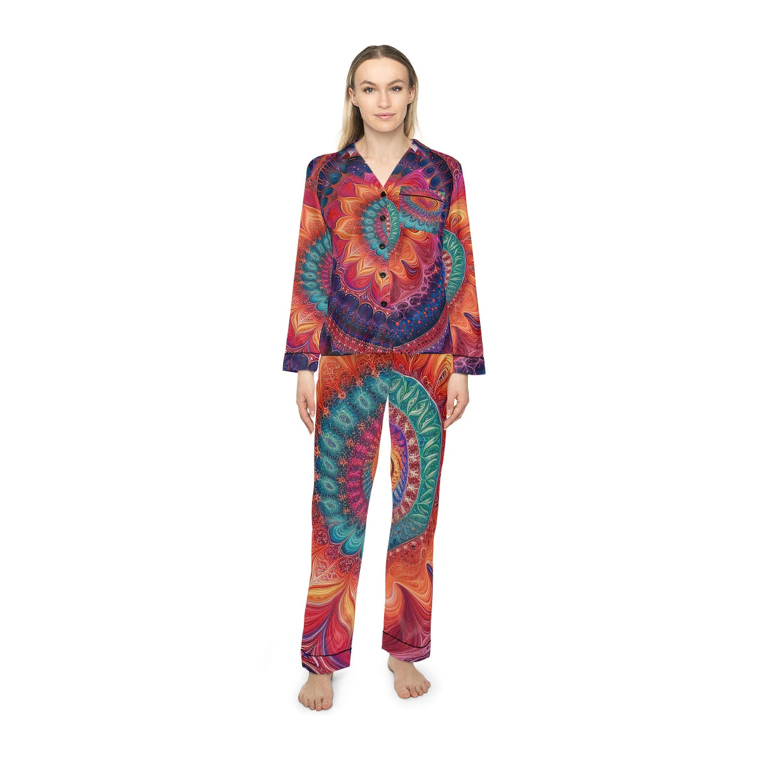 Vibrant Spiral Mandala - Women's Satin Pajamas - All Over Prints - g(0D·IO) - XS/S - Black -