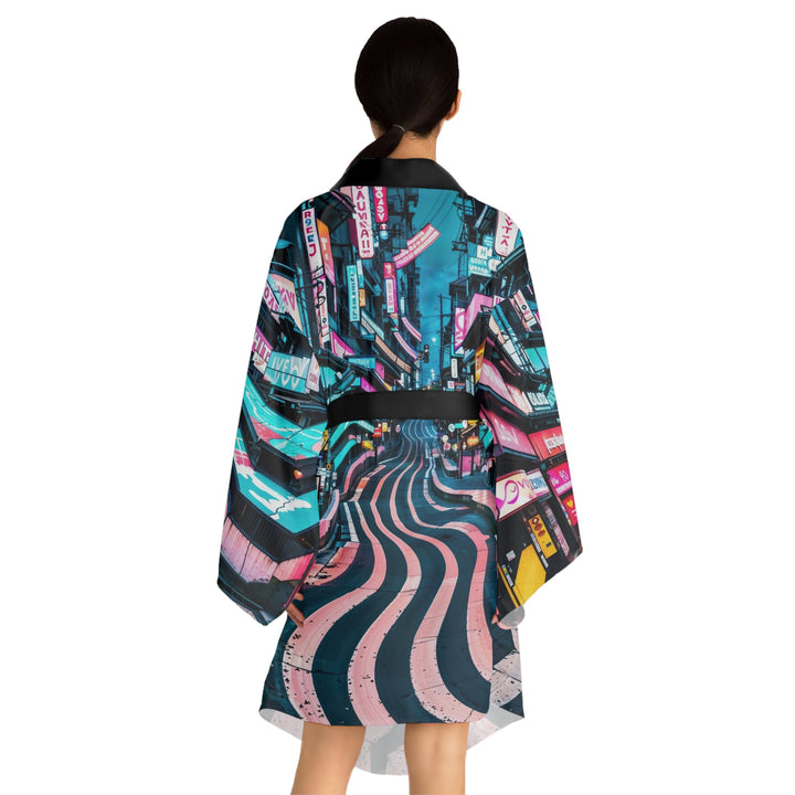 Vibrant Urban Waves - Long Sleeve Kimono Robe - All Over Prints - g(0D·IO) - XS - Black -