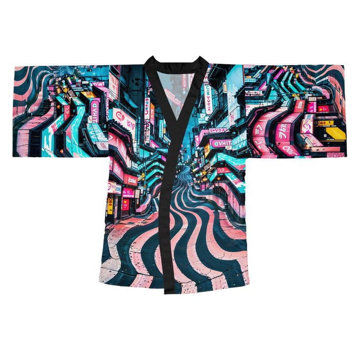 Vibrant Urban Waves - Long Sleeve Kimono Robe - All Over Prints - g(0D·IO) - XS - Black -