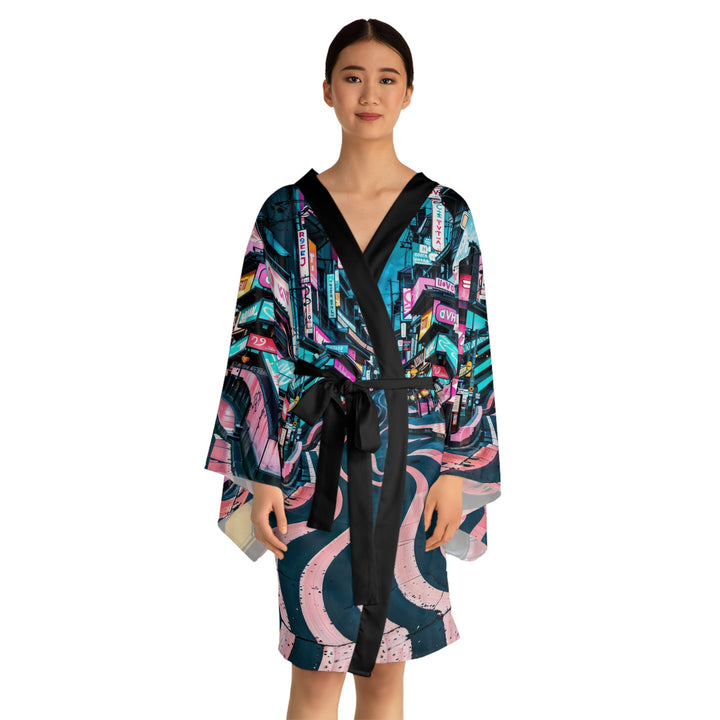 Vibrant Urban Waves - Long Sleeve Kimono Robe - All Over Prints - g(0D·IO) - XS - Black -