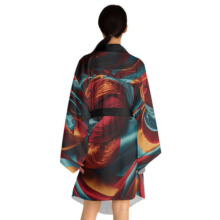 Vivid Silk Swirls - Long Sleeve Kimono Robe - All Over Prints - g(0D·IO) - XS - Black -