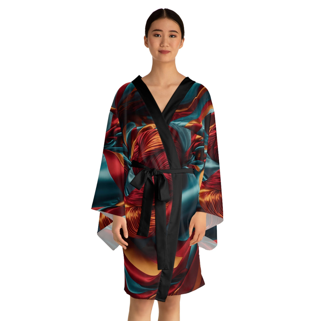 Vivid Silk Swirls - Long Sleeve Kimono Robe - All Over Prints - g(0D·IO) - XS - Black -